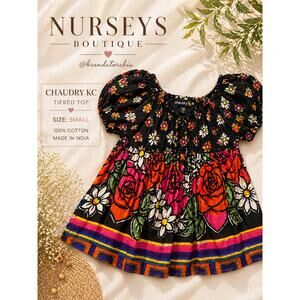 Chaudry KC Boho Floral Tiered Top Cotton India Puff Sleeve Small